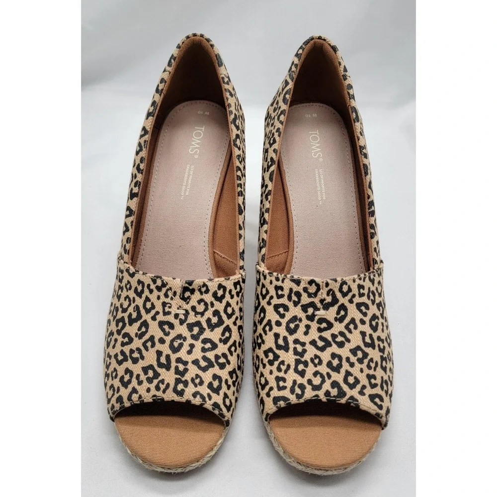 TOMS Michelle Espadrille Wedge Sandals Cheetah Print Women's Peep Toe Slip-On